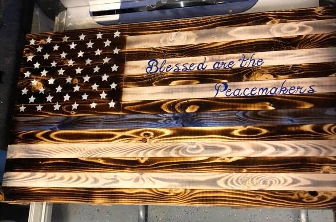 American flag custom with blue stripe for police officers and message blessed are the peacemakers